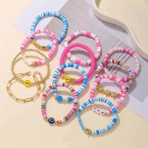 Friendship Bracelets Boho Stackable Bracelets for Women Surfer Heishi Clay Bead Bracelets Stretch Preppy Bracelets Colorful Boho Bracelets for Women - color: 13pcs Blue Pink