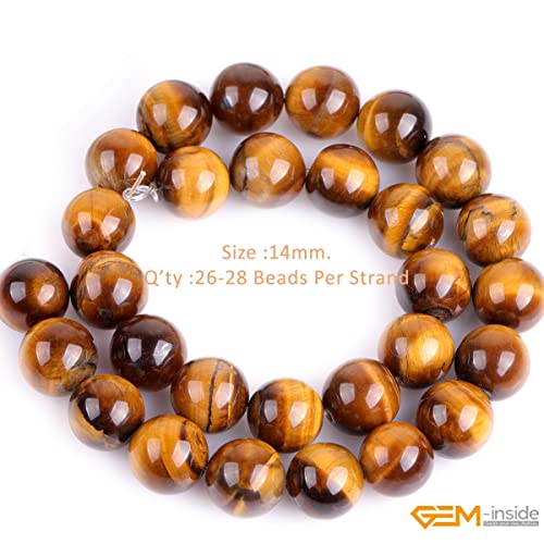 GEM-Inside Natural 14mm Tiger Eye Gemstone Loose Beads Round Crystal Energy Stone Power for Jewelry Making 15'' - color: Yellow Tiger Eye, size: 14mm