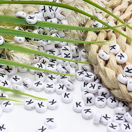 100Pcs Letter Beads 4x7mm White Round Acrylic Alphabet Beads Letter K Beads for Jewelry Making DIY Bracelets Necklaces Key Chains - color: K 100Pcs