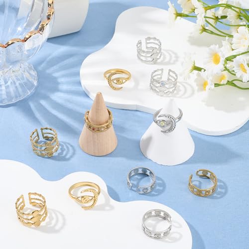 SUNNYCLUE 1 Box 12Pcs 6 Style Stainless Steel Ring Bezels Finger Ring Blank Base Gold Silver Metal Adjustable Flower Eye Open Rings Tray Component with Round Pad for Jewelry Making Rings DIY Crafts - style: Ring 2