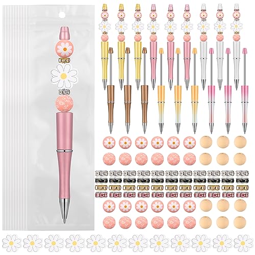 Colarr 24 Sets Plastic Beadable Pens DIY Pens Making Kit Assorted Wood Beads Crystal Spacer Black Ink Ballpoint for Women Crafts Office Family Gifts(Cute Daisy) - style: Cute Daisy