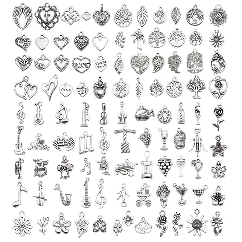 100 Pieces Jewelry Making Charms Pendants for Bracelet Bulk lot Necklace Earrings Keychain Charms Beads DIY Kit Trendy Craft - style: Love Music Leaves