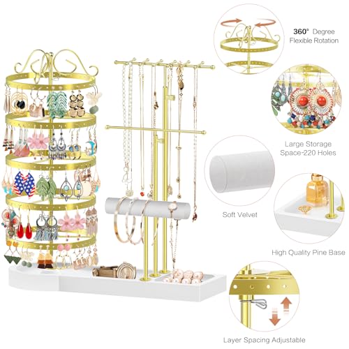 Jewelry Earring Holder Organizer, Adjustable 5 Tiers Rotating Earring Holder 3 Tier Necklace Holder with Wooden Base, Multi-Functional Jewelry Organizer Display Stand for Studs Bracelet Women(Gold) - color: Gold