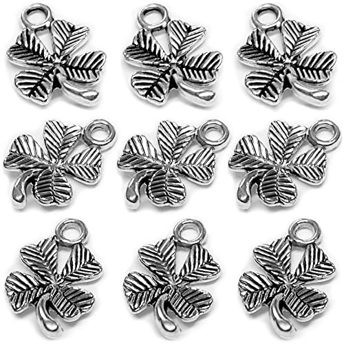 Heather's cf Four Leaf Clover Silver Leaf Beads 100-150 Pcs Leaves Craft Antique Leaf Charms for Crafting Leaf Pendant Charm for Necklace Bracelet Earring Making Fall Leaf Beads Set - color: Silver Clover