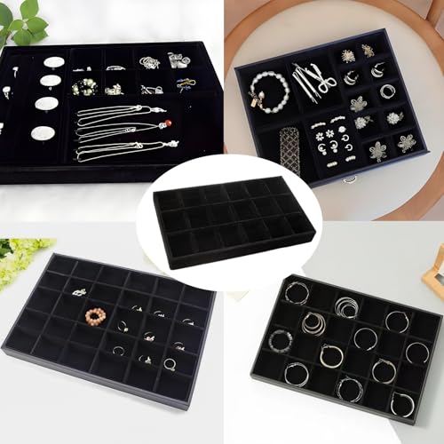 Velvet Jewelry Organizer Trays Black Stackable Jewelry Storage Display Tray with Removable Dividers, 18 Grids - color: Black