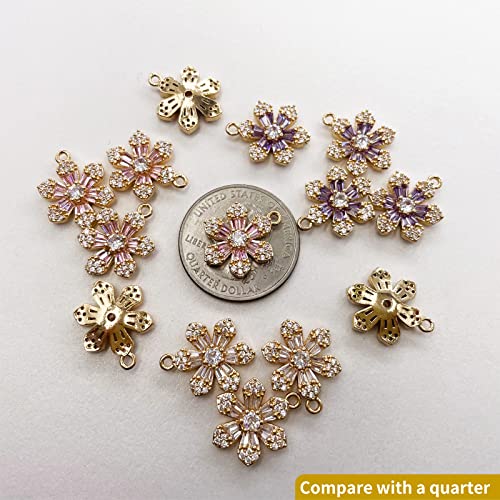 Crystal Zirconia Gold Plated Brass Charms for Jewelry Making Bracelet Necklace Earring Pendant Craft Supplies DIY Accessories - color: FlowerB-Pink-6Pcs