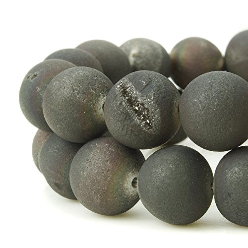 RUBYCA Round Dyed Electroplated Druzy Agate Quartz Crystal Gemstone Beads (1 Strand, Grey, 6mm) - color: Dark Grey, size: 6mm