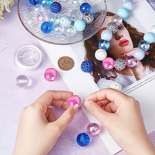 SUNNYCLUE 48Pcs Bubblegum Beads 20mm Blue Acrylic Faceted Bead Resin Rhinestone Beaded Rainbow Round Pearl Opaque Loose Spacers for Jewelry Making Beading Supplies Elastic Bracelet Kit - color: 48pcs 20mm Blue Tone