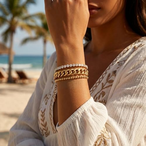 Gmai 18K Gold Plated 3-in-1 Layered Diamond Bracelet for Women, Adjustable Stainless Steel Stackable Bracelet with Extender Chain, Fashion Gift for Mother’s Day Wedding Graduation Christmas