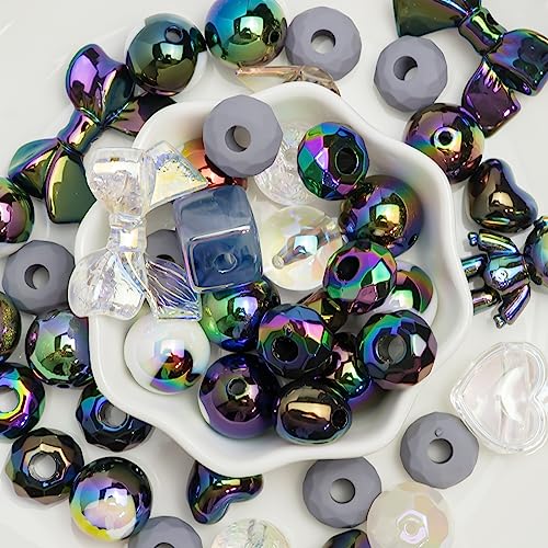 100g Large Assorted Acrylic Beads for Crafts, 20mm Black AB Color Butterfly Flower Heart Star Square Round Shape Loose Beads, Acrylic Beads for Keychain Makin Phone Charms DIY Crafts - color: Black AB