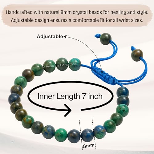 Amazing Gemstone Azurite Bracelet for Women Men's Gifts - Protection Healing Crystal Bracelet - 8mm Gemstone Beaded Adjustable Bracelet Pulseras Para Hombres Mujer Stocking Stuffers - color: Azurite