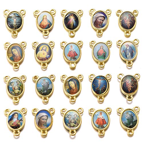 100pcs Mix Picture Enamel Gold Our Lady Miraculous Medal Floral Rosary Centerpiece Cross Jesus Virgin Mary Catholic Alloy Crucifix Charms for DIY Jewelry Making 12mmx16mm(A588)