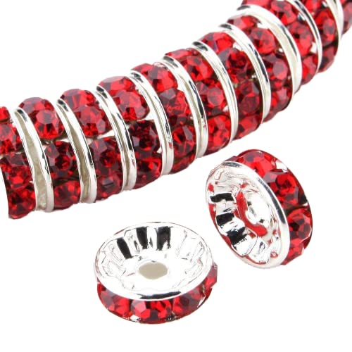 Allb 100Pcs Rondelle Spacer Beads 8mm Silver Plated Czech Crystal Rhinestone for Jewelry Making Loose Beads for Bracelets, red - color: red, size: 8mm