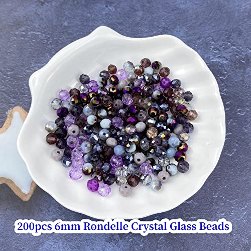 200pcs Crystal Glass Beads 6mm Faceted Rondelle Glass Spacer Beads with Hole for Bracelets Necklace Earring DIY Jewelry Making Craft(Purple Series) - color: Purple Series, size: 6mm