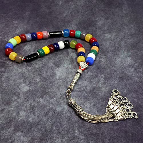 Simple Designed Natural Stone Worry Beads - Prayer Beads Tesbih-Tasbih-Tasbeeh-Misbaha-Subha-Sebha-Sibha-Rosary (Multi Color Resin Drum -8X6 mm- 33 Beads) - color: Multi Color Resin Drum -8X6 mm- 33 Beads