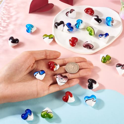Cheriswelry 24Pcs Heart Pearlized Beads Handmade Lampwork Glass Beads Crystal Glass Heart Loose Spacer Bead 19mm for Women Earring Bracelet Necklace Jewelry Making DIY Crafts - color: 6 Color-Two Tone Heart