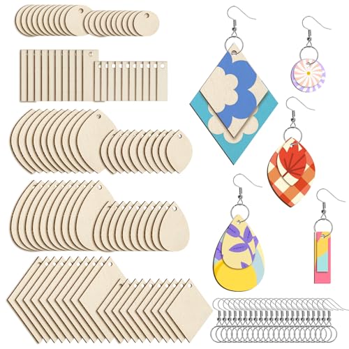HAPY SHOP 300 Pieces Unfinished Wooden Earrings Teardrop/Circle/Leaf/Diamond/Rectangle Shapes Wood Earring Blanks 100 Pieces Earring Hooks and 100 Pieces Jump Rings