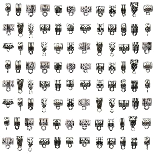 stino 140 Pcs Metal Spacer Bail Beads, Silver Tone Charm Hanger Clasps with Loops for Bracelet, Jewelry Making Findings(Silver) - color: Silver