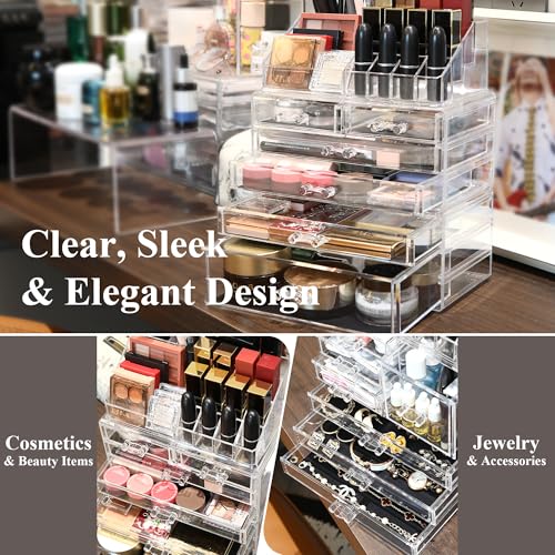 Sea Team 3-Layer Stackable Clear Makeup Organizer with Drawers, Acrylic Plastic Cosmetic Display Case, Jewelry Storage Box for Dresser, Bathroom, Vanity, Countertop (6 Drawers, 1 Lipstick Holder) - size: 6 Drawers, 1 Lipstick Holder