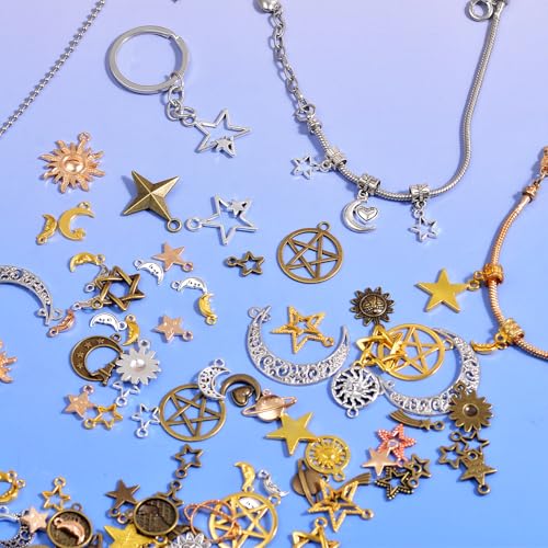 stino 100 Gram Metal Charms for Jewelry Making, Silver & Gold Plated, Bulk Pack for Bracelets, Necklaces, Crafts - color: Celestial Mixed Color