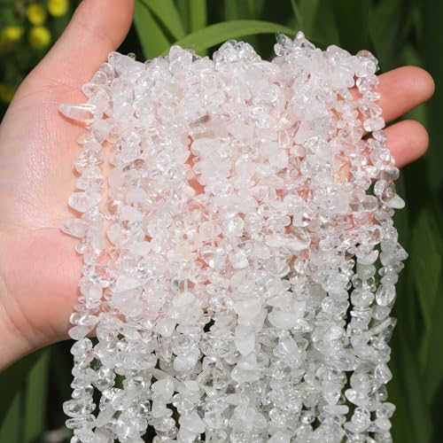 400pcs Natural Chip Stone Beads for Jewelry Making Clear Quartz 5-8mm Irregular Gemstones Healing Crystal Loose Rocks Bead Hole Drilled for Ring Earrings Necklace Bracelet Making DIY Art Crafts - color: Clear Quartz (2 Strands-62")