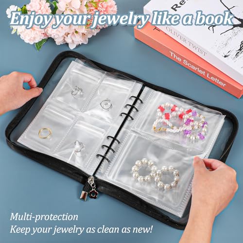Jewelry Storage Book Set Transparent Travel Jewelry Organizer with Anti-Oxidation Pocket Traveling Necklace Earring Organizer for Ring, Bracelets, Postcard(120 Grids +75 Thicken PVC Zipper Bags)