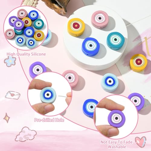 LiQunSweet 12 Pcs 6 Colors Flat Round Silicone Beads Silicone Beads Evil Eye Beads for Bracelet Beaded Necklace Pens Jewelry Making DIY Craft - color: Evil Eye Silicone Beads_12 Pcs