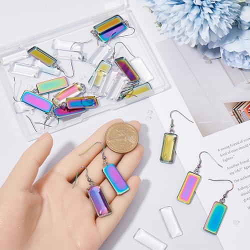1 Box 20Pcs Rainbow Earring Bezel Blank 10x25mm Rectangle Bezel Pendant Trays with Glass Cabochons Settings Stainless Steel Earring Wire Hooks Accessories for DIY Earrings Jewelry Making - style: Style 4
