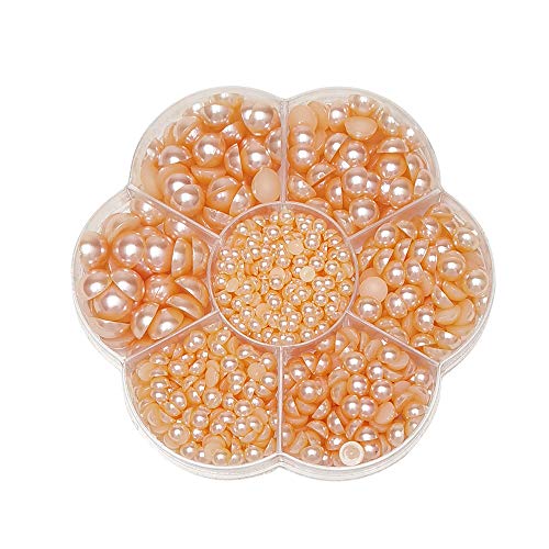 Chenkou Craft Around 1900pcs Peach Assorted 7 Sizes Half Pearl Bead Flat Back Gem Scrapbook Craft DIY Loose Beads + Plastic Box (Peach) - color: Peach