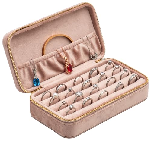 Velvet Multiple Ring Box Jewelry Organizer Display Tray with Zipper Around Earring Holder Case for Wedding Birthday (Blush Peach) - color: Blush Peach