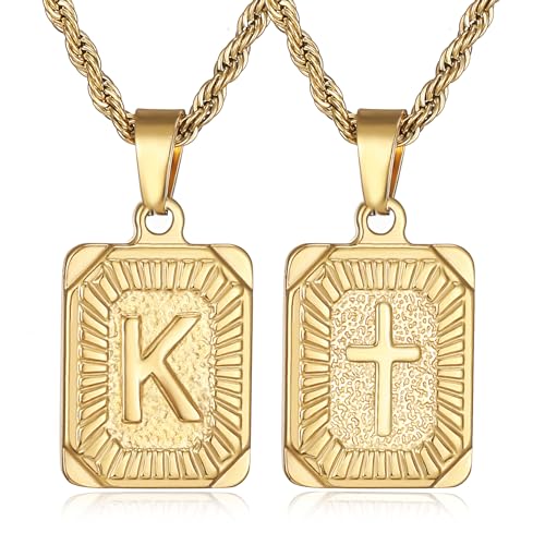 SKQIR initial Letter Necklaces for Men,Stainless Steel Plated A Z Square Pandent Letter Necklace for Women,Cross Necklace with Letter Chain Pendant for Boys Stocking Stuffers Christmas New Year Gifts for Men Women - color: Gold, style: Cross K