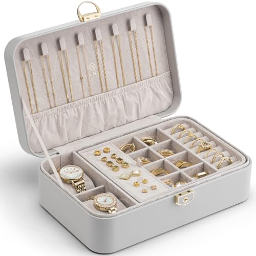 VLANDO 2 Layer Jewelry Box,Jewelry Organizer Storage Lockable Earring Organizer Removable Jewelry Tray with Watch Pillow for Neckable Ring Bracelets-Grey - color: 03.Grey-Pillow