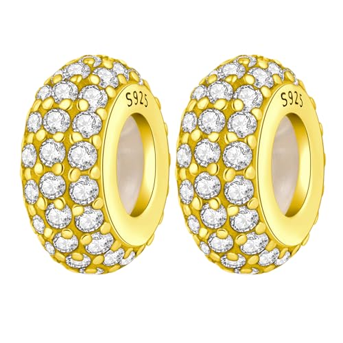 Spacer Stopper Beads for Bracelets & Necklaces, 925 Sterling Silver Beads | Smooth & Pave Cubic Zirconia (White, Blue, 18K Gold Plated) | Anti-Slide Separator Charms S925 Women Jewelry - color: 2Pcs Gold CZ Spacer