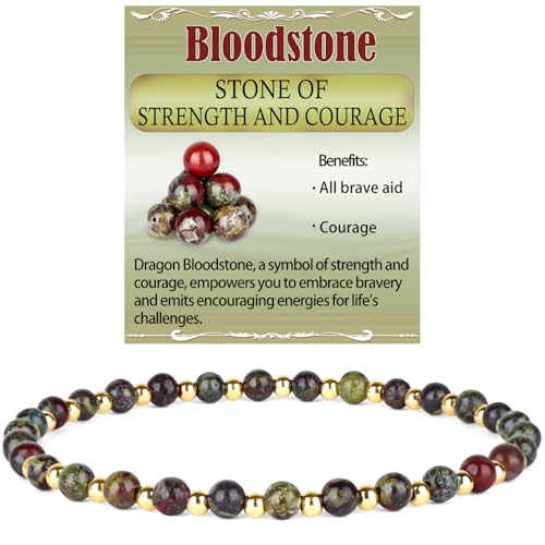 QOGIR 14k gold Handmade Healing Bracelet, Natural Gem Stone Crystal Elastic Gold Bracelet - color: Dragon Bloodstone - Strength and Courage, size: 4m