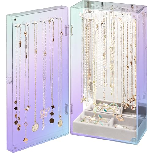 Lolalet Necklace Holder Organizer, Acrylic Jewelry Organizer with 24 Hooks, Rotating Clear Necklaces Display Box with Built-in Mirror, Dust-proof Jewelry Storage Case with Velvet Tray -Lasermirror - color: 3 -Lasermirror