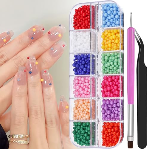 1000Pcs Resin Macaron Beads, 2-3.5mm 3D Round Bubble Balls Summer Macaron Candy Sweet Colors Nail Ball Beads with Tweezers and Dual-end Brush (20-K1-colorful-beads) - color: 20-K1-colorful-beads