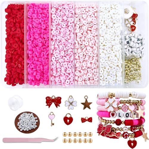 Red and Pink Clay Beads for Bracelets, Heishi Beads, Valentines Beads Stackable Bracelets for Women, Polymer Clay Beads for Friendship Bracelet Kit, 5000 pcs Flat Beads for Jewelry Making and Crafts - color: Red and Pink