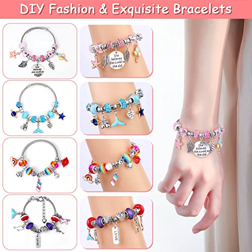 180 Pcs Charm Bracelet Making Kit for Girls, Unicorn Mermaid Crafts Gifts Set Charm Bracelets Kit DIY Arts & Crafts Making Supplies with Beads, Pendant, Bracelets, Necklace Cords Gift for Teens Girls