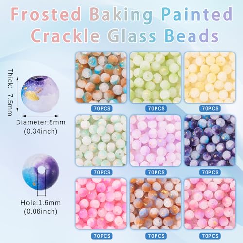 630 Pcs Frosted Glass Beads Bulk 8mm Sea Glass Beads Crackle Glass Bead with Glitter Powder Baking Painted Round Crystal Bead for Jewelry Making Bracelet Necklace Earring Crafts Accessories - size: 8mm
