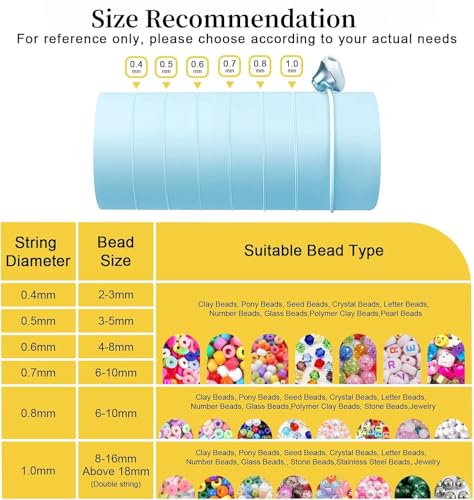 6 Rolls Elastic Bracelet String Cord, 0.4mm, 0.5mm, 0.6mm, 0.7mm, 0.8mm, 1mm Crystal Clear Stretchy Elastic Bead String for Bracelets, Jewelry Making and Clay Pony Seed Stone Beads Beading