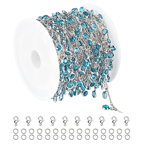 YOUBEIYEE Blue Glass Bead Chains for Jewelry Making, Dangle Crystal Silver Necklace Anklet DIY Chains Bulk with Open Jump Rings and Lobster Clasps - color: Blue Rhinestone