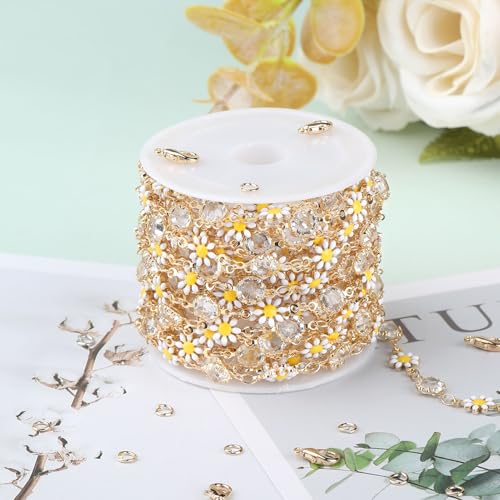 KYUNHOO 16.4FT/5M Gold Plated Chains for Jewelry Making Daisy Flowers Link Clear Bead Jewelry Chain Roll with Lobster Clasps Jump Rings for Crafting Findings - color: White Daisy Crystal