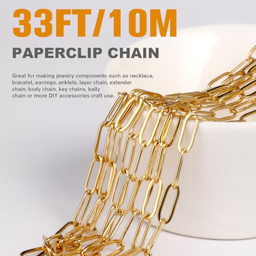 [33 Ft] Stainless Steel Paperclip Chains Roll, 2.5mm Width 18K Gold PVD Plated Stainless Steel Oval Link Chains Spool Bulk for Jewelry Making - color: 18k gold(2.5mm)