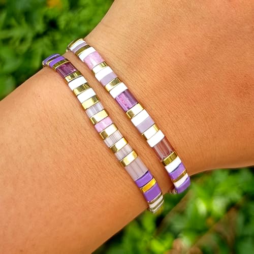 Tila Flat Beaded Bracelet for Women,Bohemian Colorful Stretch Square Glass Bead Elastic Layred Bracelet Stack, Handmade Boho Trendy Holiday Jewelry Accessories Friendship Gift - color: Purple