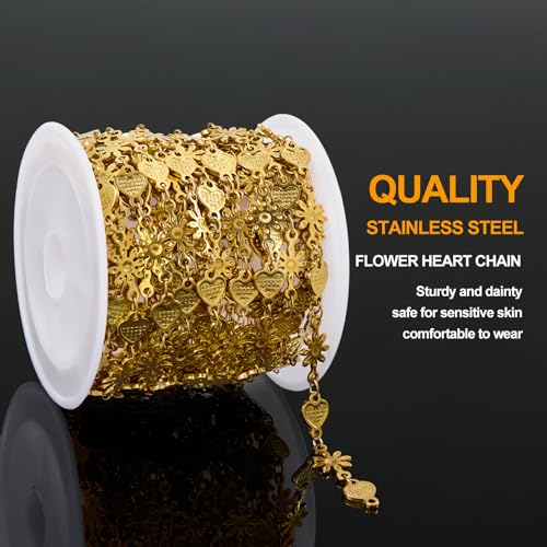 KYUNHOO 4.3 Yard Stainless Steel Heart Chain for Jewelry Making Gold Plated Flower Chains Bulk with Lobster Clasps and Jump Rings for Necklace Bracelet Crafting - color: FLower Gold