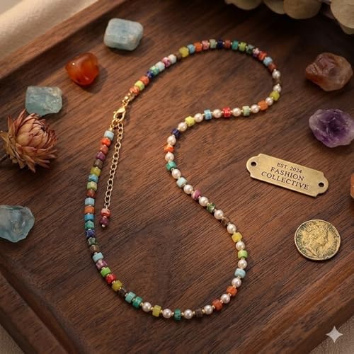 Handmade Natural Gemstone Beaded Necklace for Women, Cultured Freshwater Pearl Choker with Adjustable Extension Chain, Boho Healing Crystal Jewelry Collection - color: g Colorful
