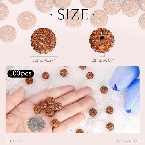 100 pcs 10mm Rhinestone Beads for Jewelry Making, Brown Shiny Round Shamballa Disco Beads Bulk, Sparkle Crystal Clay Christmas for Bracelet Baseball Necklace Earring Crafting and DIY - color: Brown, size: 10mm/100pcs