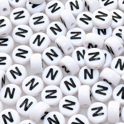 Amaney Letter Beads N 100pcs 7x4mm White Round Acrylic Black Alphabet for Bracelet Jewelry Making - color: N