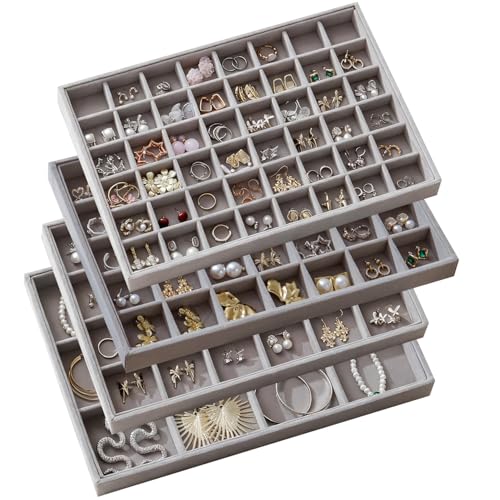 Large Jewelry Drawer Organizer Trays Set of 4, Stackable Velvet Jewelry Trays Organizer Holder Display Storage Showcase for Earring Necklace Bracelet Ring Accessary (Gray, 12+24+35+48 Grids) - color: Gray, size: 12+24+35+48 Grids