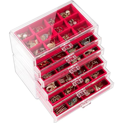 Lolalet Earring Holder Organizer Box Jewelry Storage with 6 Drawers, Clear Acrylic Stackable Earring Case with Adjustable Velvet Trays for Women on Dresser Vanity -Red, 6 Layers - color: Red, size: 6 Layers
